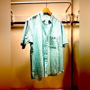 LACOSTE short sleeve blue plaid button up shirt, men’s medium 💯 cotton